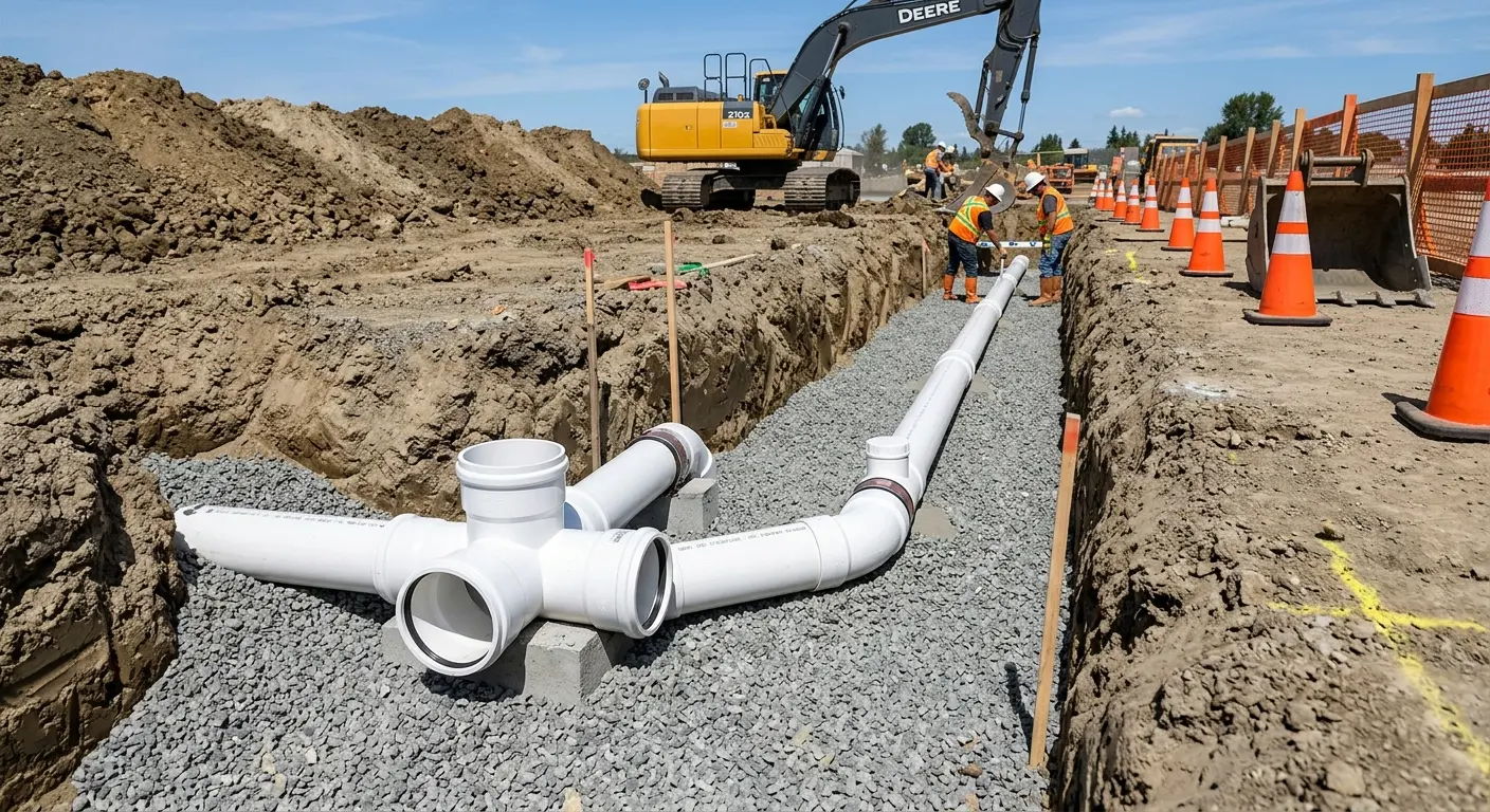 New PVC sewer pipe installation in open trench for Sewer Backup in Helena Valley Southeast