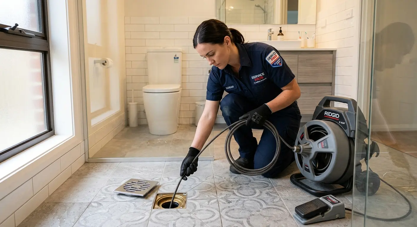 Technician clearing a bathroom floor drain for Clogged Drain Repair in Helena Valley Southeast